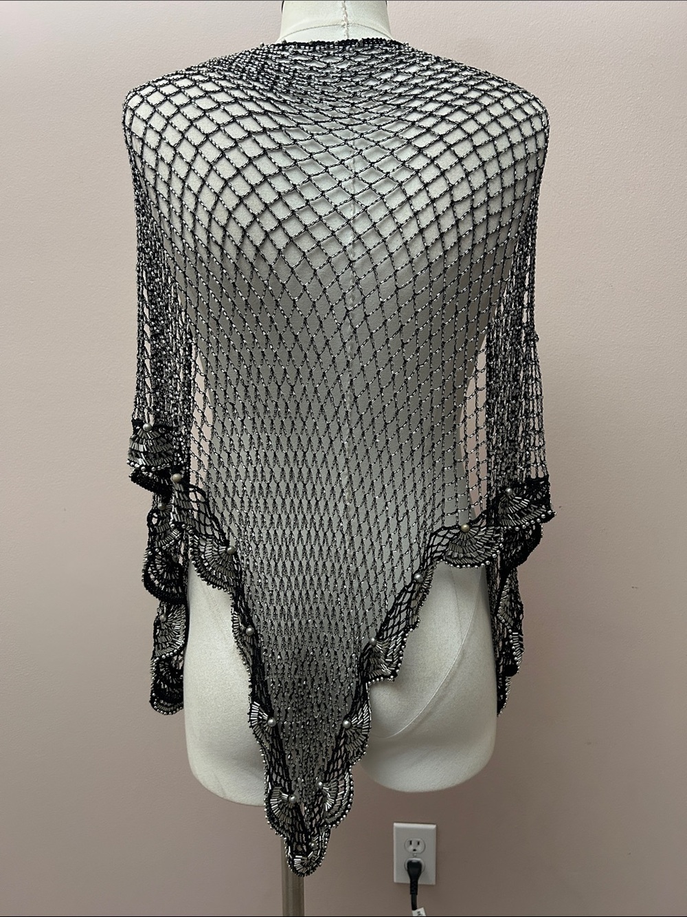 Black Open-Knit Mesh shawl beaded scarf